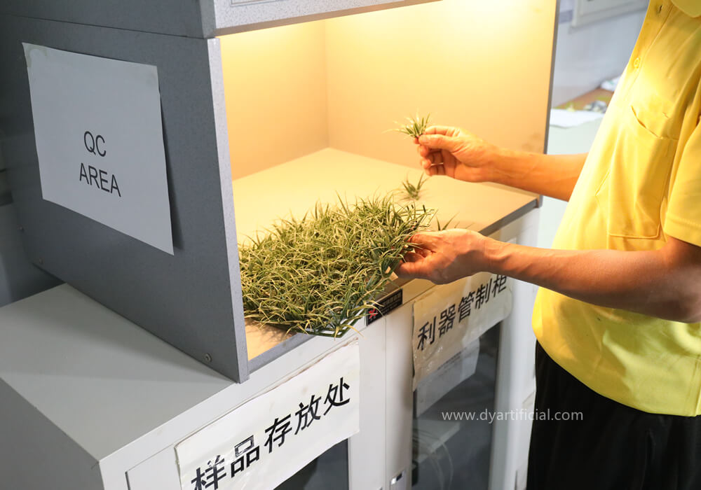 a man is checking whether the artificial grass looks natural under natural lighting conditions.