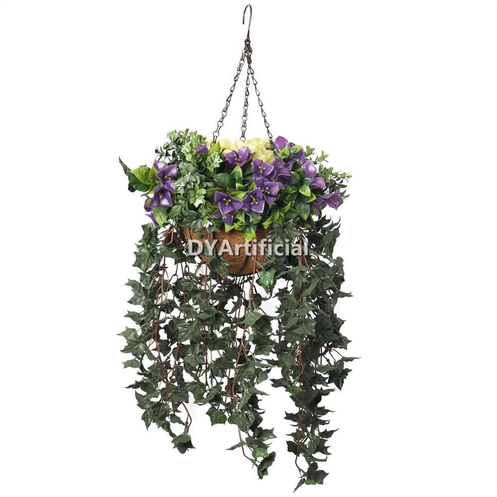 artificial english ivy green with purple and yellow gardenia flowers hanging basket