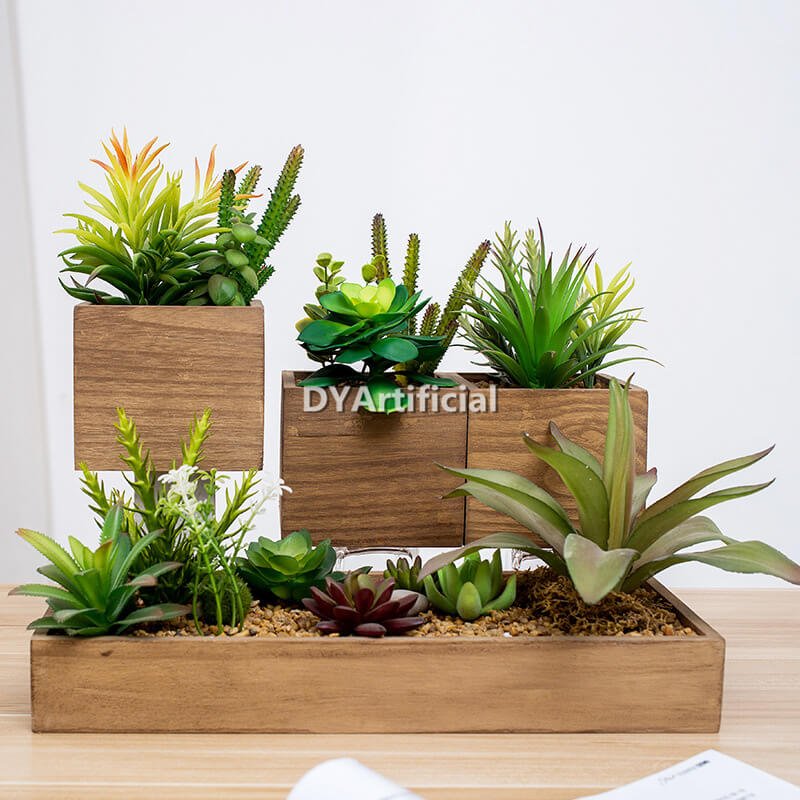 artificial succulents set with wooden pot