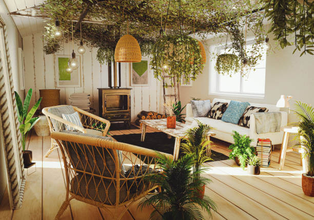 green cozy living room with hanging plants