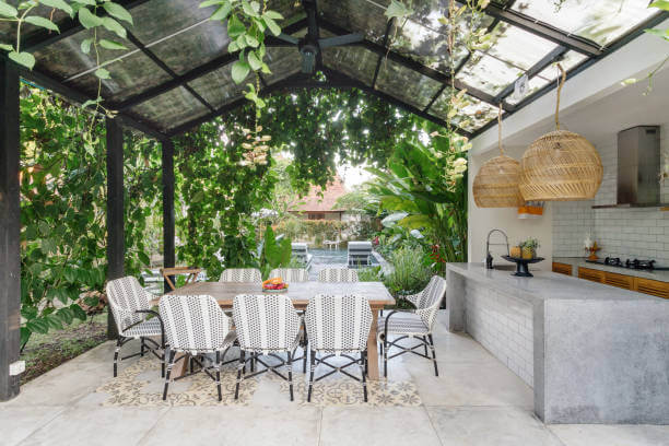 artificial hanging plants in patio greenhouse