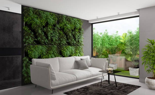 modern and minimalist apartment interior living room. green plant wall.