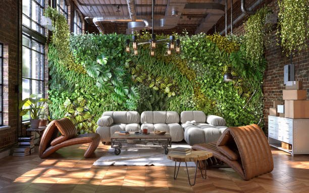 industrial style of living room design with green wall