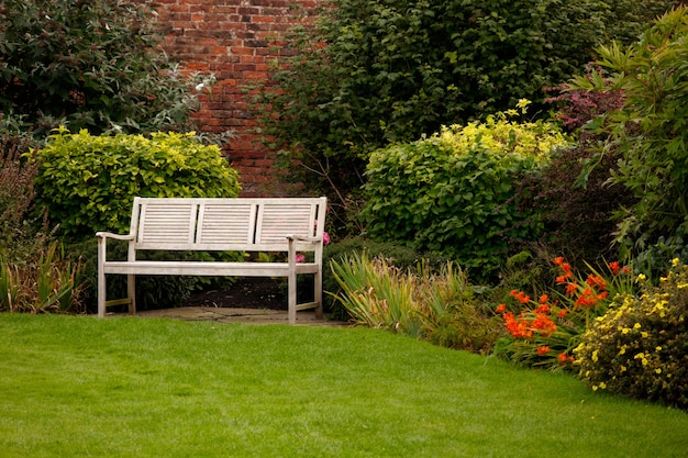 white bench with artificial plants