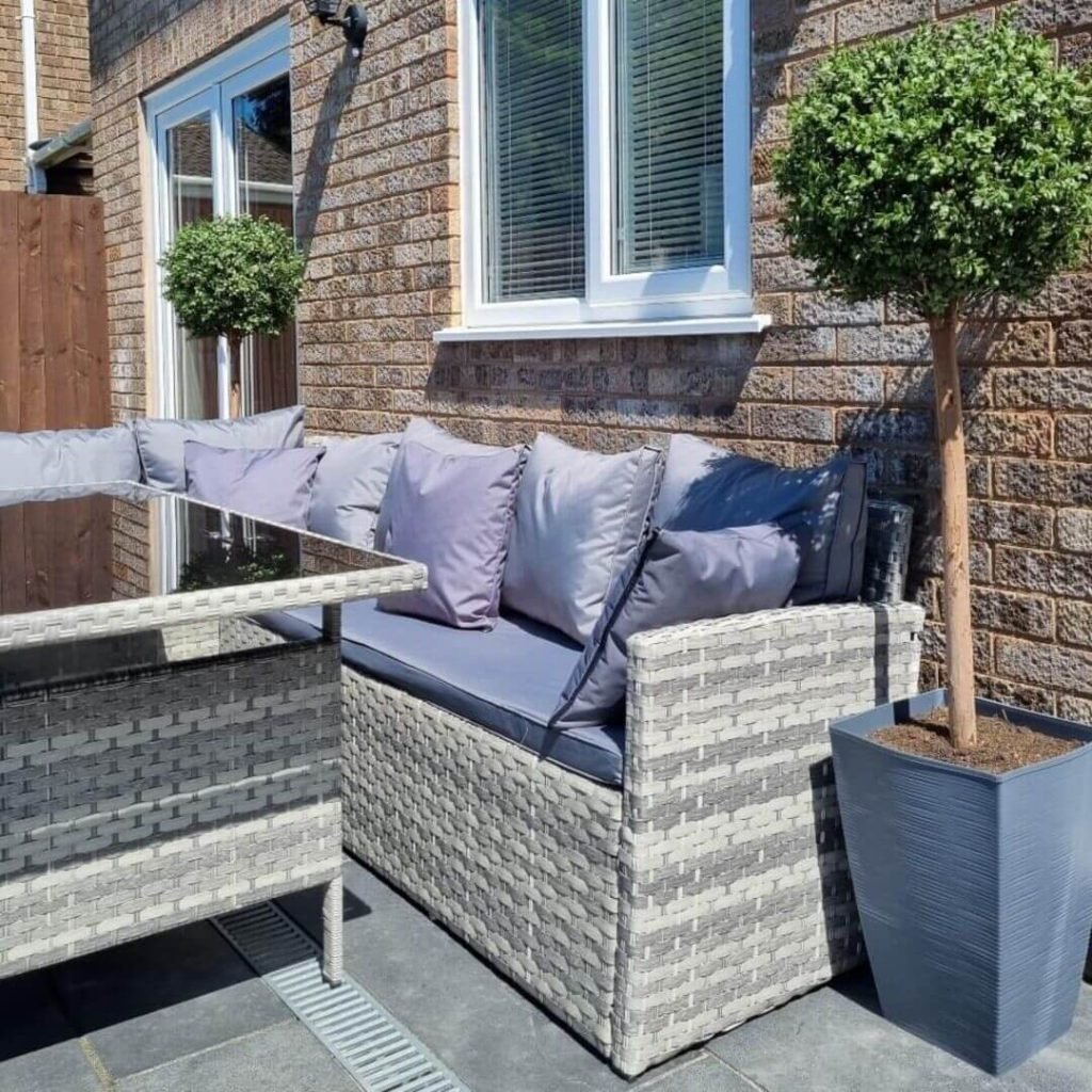 beautiful porch with artificial bay laurel ball tree outdoor