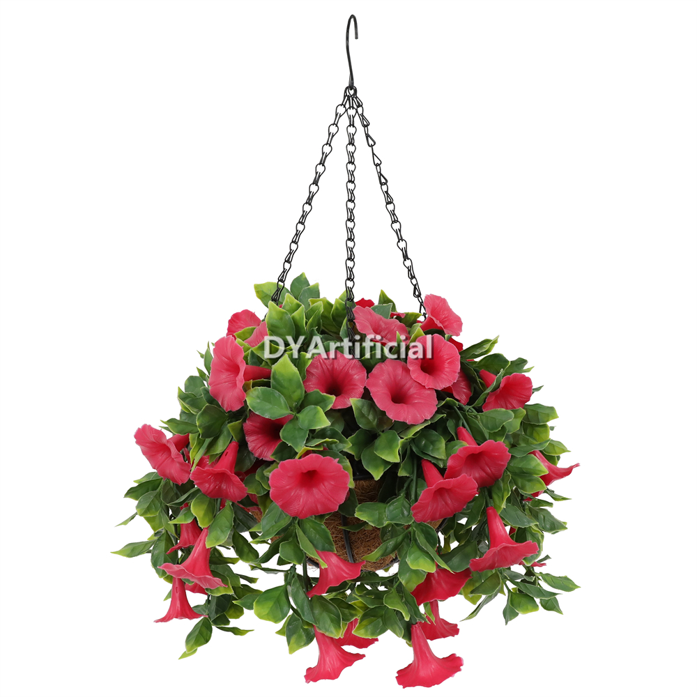 Premium Potted Artificial Petunia Flower Red Hanging Basket 50CM Height Outdoor UV Protected