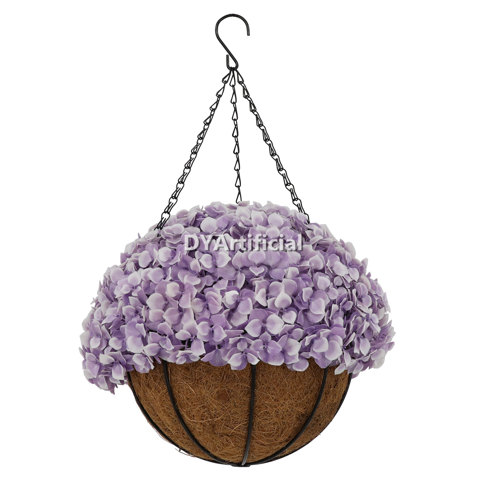 Premium Potted Artificial Hydrangea Flower Light Purple Hanging Basket 50CM Height Outdoor UV Protected