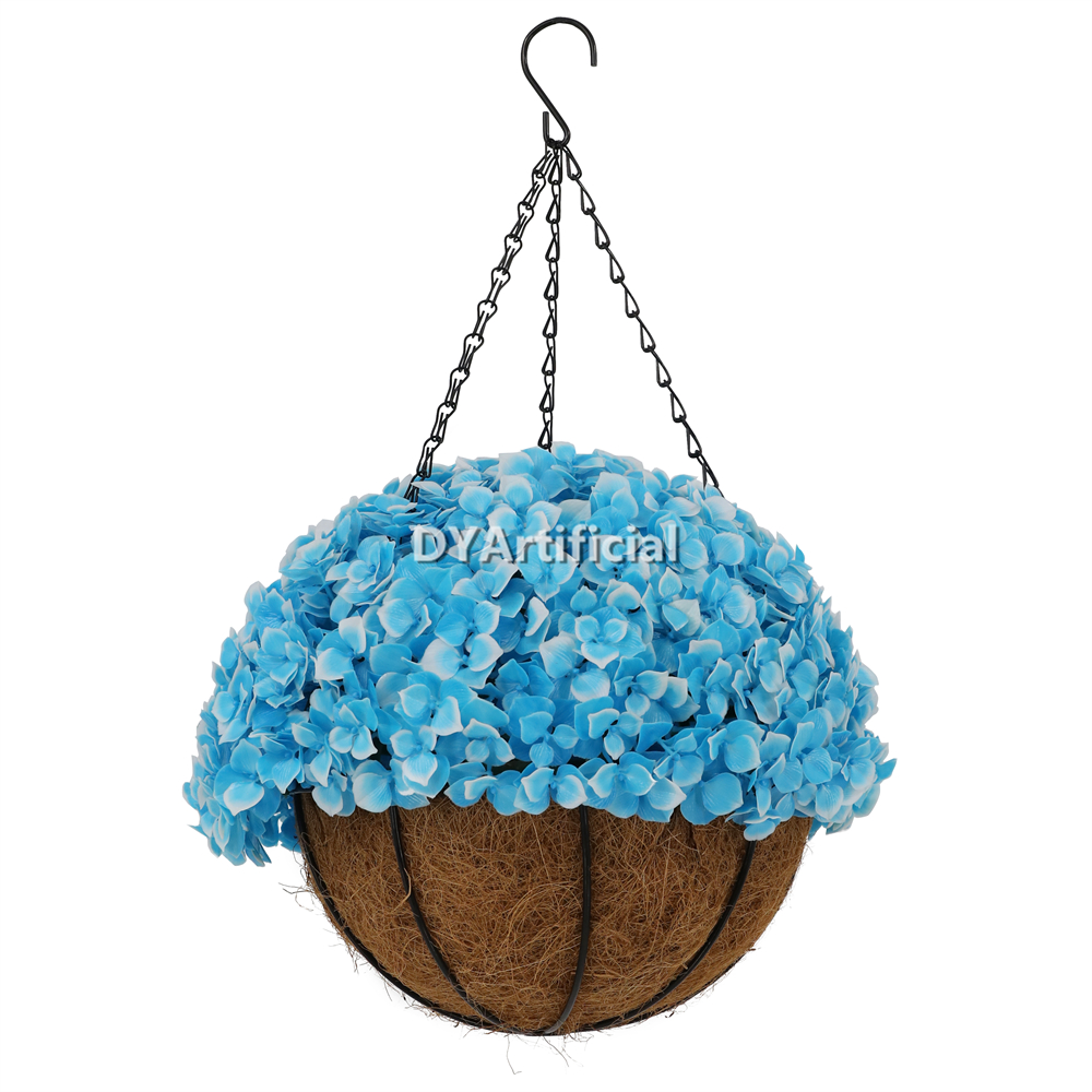 Premium Potted Artificial Hydrangea Flower Blue Hanging Basket 50CM Height Outdoor UV Protected