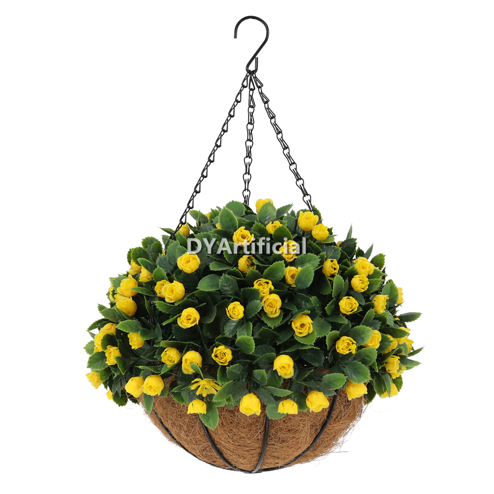 Premium Potted Artificial Rose Yellow Hanging Basket 50CM Height Outdoor UV Protected