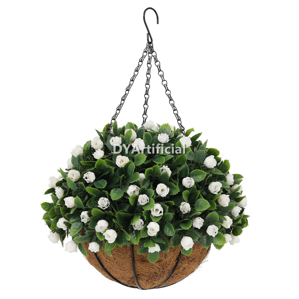 Premium Potted Artificial Rose White Hanging Basket 50CM Height Outdoor UV Protected