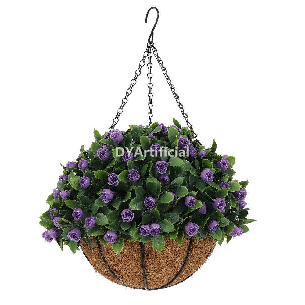 Premium Potted Artificial Rose Purple Hanging Basket 50CM Height Outdoor UV Protected
